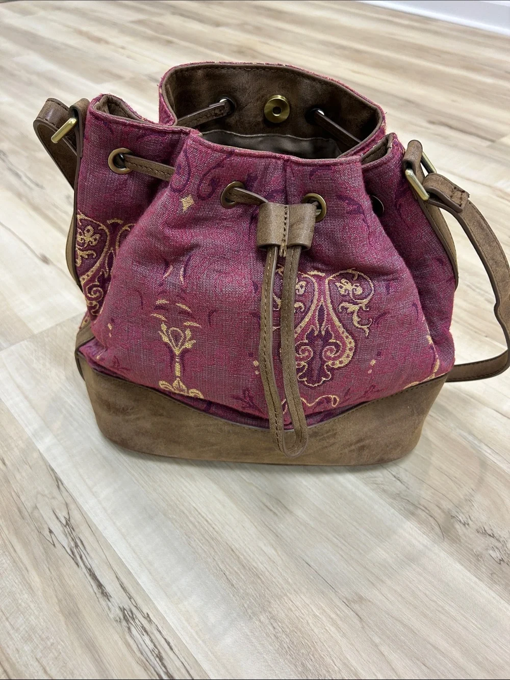 Simply Noelle Pink and Brown Drawstring Bucket Crossbody Bag